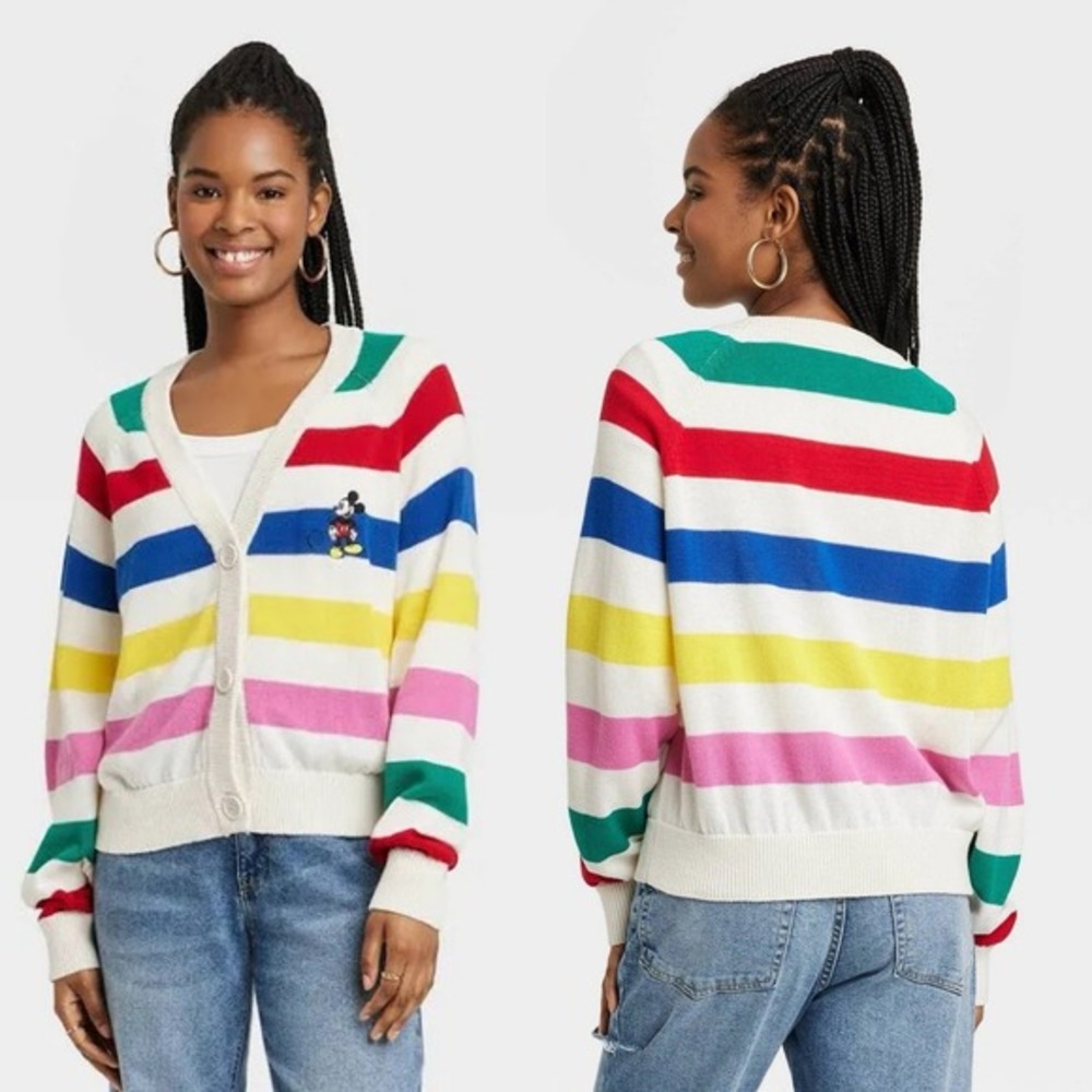 Disney 100 Cardigan XS Striped Knit Rainbow Graphic VNeck Sweater Target NWT